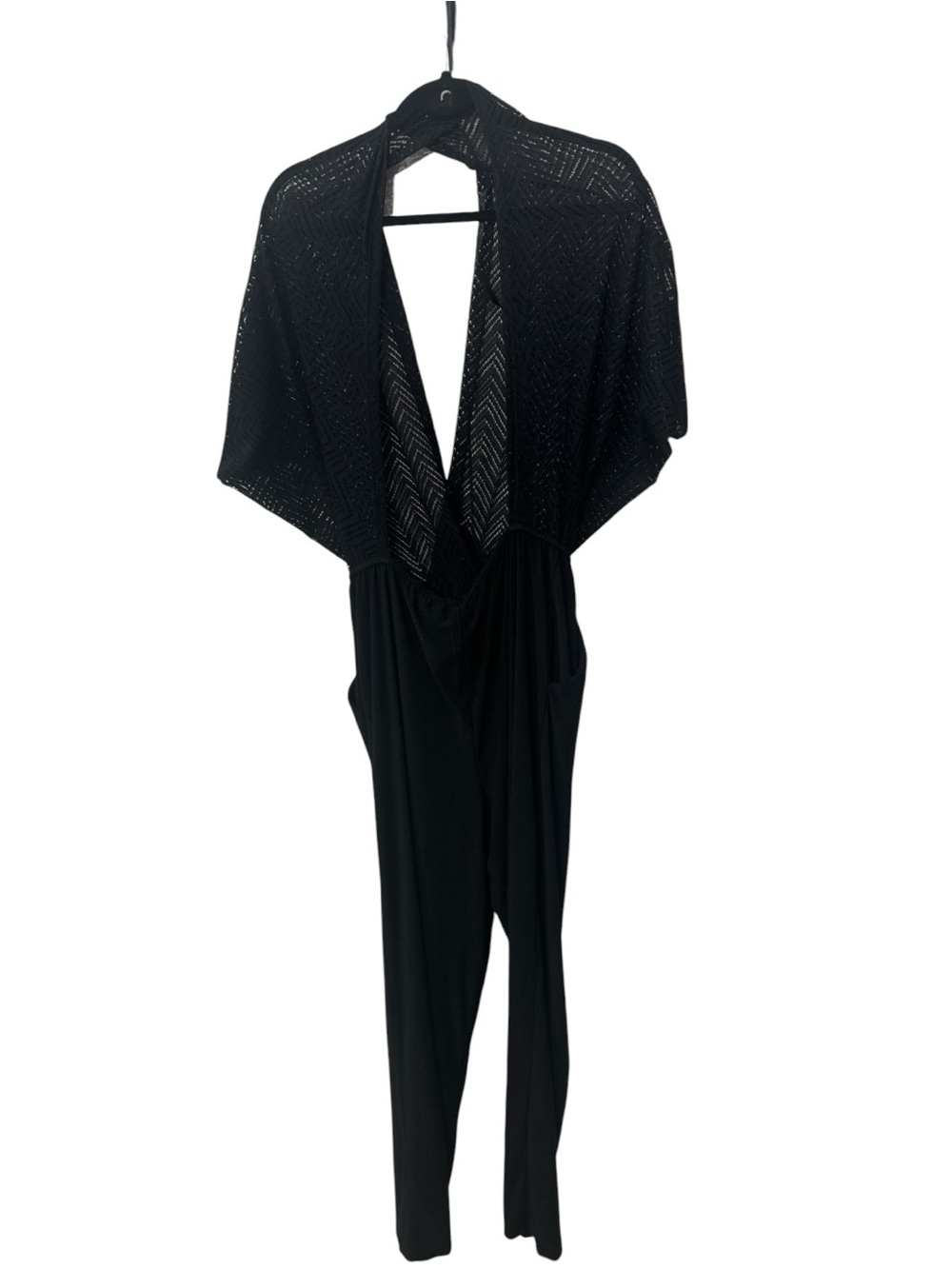 Emma & Michele Black Sheer Knit V-Neck Jumpsuit size M